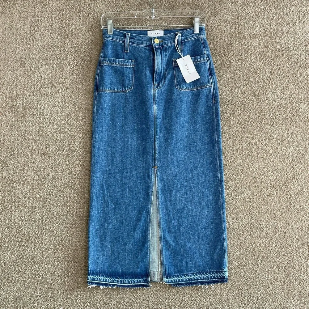 Frame Le Bardot Denim Jean Skirt Womens 24 Margolis Midi High Rise Raw Hem NEW - Picture 3 of 12
